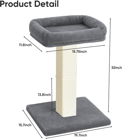 AGYM Cat Scratching Post, 32”Cat Scratcher with Large Plush Perch, Sisal & Carpet Scratching Post, Vertical Posts with Elevated Bed for Indoor Cats, Removable& Washable Cover, Grey