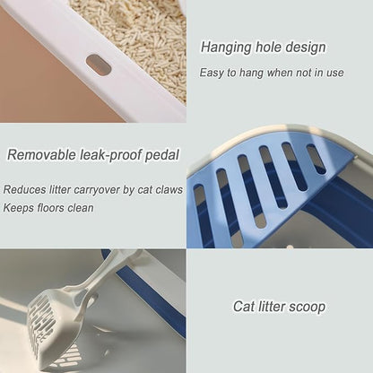 Collapsible Small Cat Litter Box,Kitten Open Potty Pan with Scoop Cat Toilet with Falling Sand Pedal Low Entrance Foldable Kittens Travel Litter Box Blue