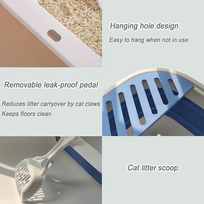 Collapsible Kitten Litter Box, 17.7 x 13.4 x 5 inch Open Cat Potty Pan with Scoop Foldable Shallow Cat Toilet Anti-Splashing Low Entrance Travel Litter Box with Falling Sand Pedal Grey