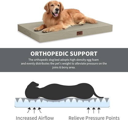 Large Outdoor All Weather Dog Bed, Waterproof Pet Bed for Large Dogs, Orthopedic Egg Crate Foam with Washable Removable Oxford Cooling Cover, 36x27 Inch, Khaki