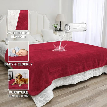 Waterproof Bed Blanket - Reversible Sherpa Throw with Leak-Resistant TPU Layer - 80x60 Stain Resistant, Machine Washable Bed Protector for Couch, Bed & Pets