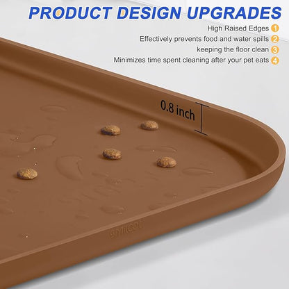 Silicone Pet Feeding Mat with Raised Edge for Food and Water, Dog Bowl Mats, Cat Bowls Placemat with High Lip for Floor Waterproof, Rubber Tray for Cats and Dogs 22 x 14 x0.8 Brown