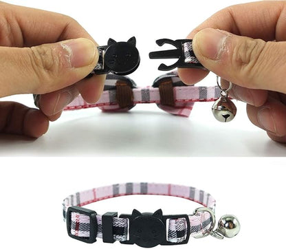 Cat Collar Breakaway with Bell and Bow Tie, Plaid Design Adjustable Safety Kitty Kitten Collars Set of 2 PCS(6.8-10.8in) (Pink&Cyan Plaid)