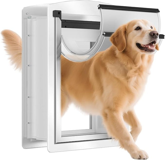 Dog Door for Wall, Steel Dog Door with Telescoping Tunnel, Weatherproof Pet Door with Two Sliding Lock Panels and Magnetic Flaps, Easy to Install, White, Large