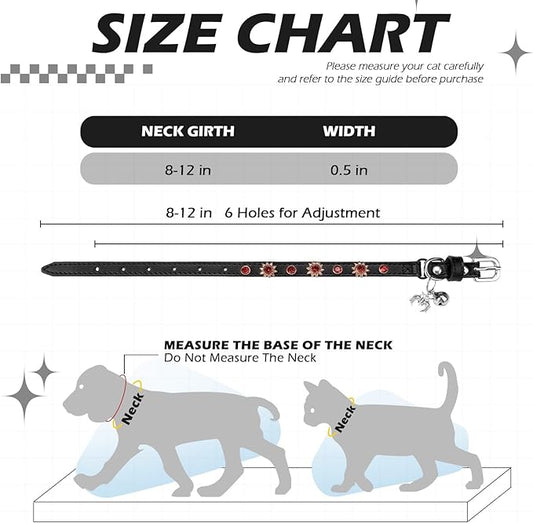 EXPAWLORER Cat Collar for Girl Boy- Adjustable Leather Pet Collar with Safety Elastic Belt,Personalized Punk Accessories Buckle Collars with Bell & Durable D-Ring,Red Diamond Sunflower