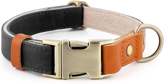 Plutus Pet Genuine Leather & Hemp Dog Collar – Adjustable Heavy Duty Pet Collar with Quick Release Metal Buckle, Soft & Stylish for Puppy and Small, Medium, Large Dogs (Black, M)