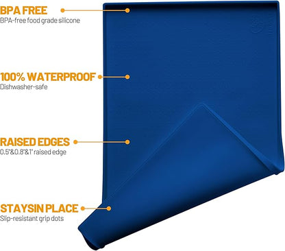 Hubulk Dog Feeding Mat,100% Waterproof Food Grade Silicone Pet Food and Water Bowl Placemat,Dishwasher, High Raised Edge to Prevent Spills,Nonslip Tray to Stop Messes on Floor（28"x18"x0.8", Navy）