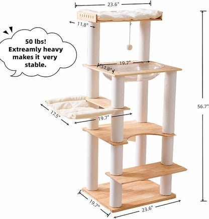 SHENGOCASE Modern Natural Wooden Wood Cat Tree Tower Condo, Extra Large Top Platform Perch, 57" Tall, Big Clear Capsule Bowl Bed, for Maine Coon Indoor Cats