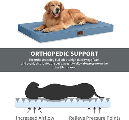 Outdoor Dog Bed for Medium Dogs, Waterproof Dog Crate Mat Orthopedic Egg Crate Foam Pet Bed with Washable Removable Oxford Cover, Blue