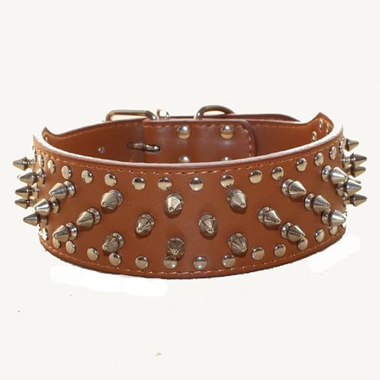Serijoars Spiked Studded Dog Collar, PU Leather Dog Collar, Adjustable Pet Collars for Medium or Large Breed Pet (XL, Light Brown)