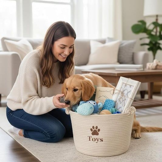 Dog Welcome Gift Box – New Puppy Starter Kit with Promise Card, Frame, Toys, Double‑Sided Bowl & Brush in Woven Basket – Dog Adoption Gift for Small Medium Dogs
