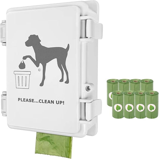 Dog Poop Bag Holder Outdoor Wall Mounted Doggie Poop Bags Storage Dispenser with 8 Rolls Small Pet Waste Station for Yard Stake, Pole, Post, Fence Mount (White dispenser+8 rolls)