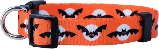 Native Pup Halloween Dog Collar- Spooky Fall Themed Horror Costume Collars- Skull, Pumpkin, Ghost, Bat, Witch, Candy Corn, Spider- Adjustable for Small, Medium, Large Breeds (Small, Bats and Moon)