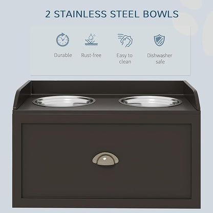 PawHut Dog Feeding Station with Storage Drawer, Dog Food Storage Cabinet with 2 Removable Elevated Pet Bowls for Large Sized Dogs, Coffee