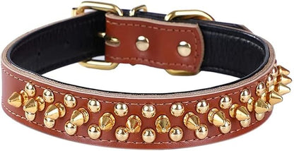 Spiked Studded Dog Collar, Genuine Leather Dog Collar, Adjustable Pet Collars for Medium Large Bulldog Pitbull Mastiff Poodle Boxer (M:29-38cm, Brown)