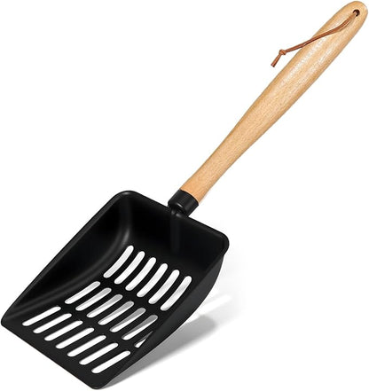 Cat Litter Scoop, Metal Litter Scoop, Heavy Duty Metal Cat Scooper for Litter Box, Black Sifter Scoop for Pellets, Wooden Handle Scoop with Hole, Kitty Necessity (9.8" Handle)
