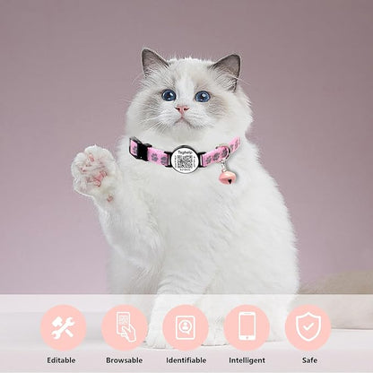 Peace of Mind Cat Collar 2-Pack: QR Code Tag with Permanent Online ID + Breakaway Reflective Collar, Scan for Immediate Contact if Lost (Pink & Black)