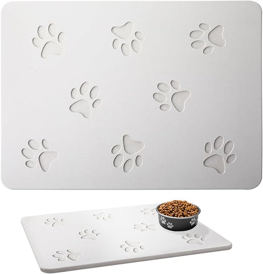 White Diatomaceous Earth Dog Bowl Mat (16x12 in) | Non-Slip Pet Food & Water Mat | Square Design with Cute Paw Prints for Medium Dogs, Quick Dry & Easy to Clean