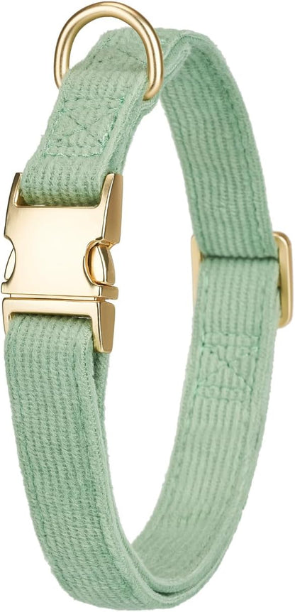 Soft Cotton Dog Collar with Metal Buckle Adjustable Heavy Duty Comfy Corduroy Collars for Small Medium Large Dogs,Grass Green,Small