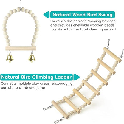 5in1 Bird Perch Ladder with Swing, Natural Wood Parrot Perches Platform with Stainless Steel Feeding Cup, Play Gyms Stands Playground for Budgie Conure Lovebird Canary Hamsters