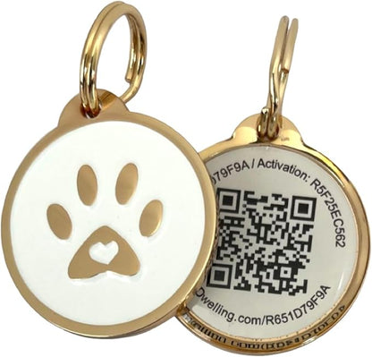 Pet Dwelling QR Pet Tag – Easy Scan Instant Location Alerts, Online Pet Profile with AI Feature for Dogs & Cats (Lux Gold White Paw)
