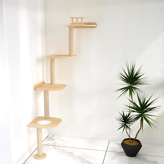 Wall-Mounted Tall Cat Tree Cat Scratching Post, Space Saving Floor to Ceiling Cat Tower, Natural Wood Wall Shelves, Corner cat Jumping Platform cat Bed,Suitable for Large Cats-63
