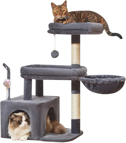 Taoqimiao MS043G Cat Tree, 32.2-Inch Cat Tower for Indoors Cats, Cat Condo with Large Cat Perch, Spacious Cat Cave, Scratching Posts for Small and Medium Cats, Smoky Gray
