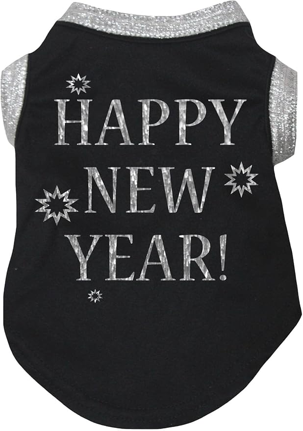 Petitebella Bling Happy New Year Puppy Dog Shirt (Black/Sliver, Large)