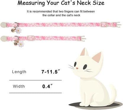 2 Pack Pink Cat Collars - Cute Bow & Daisy Breakaway Cat Collar with Bell & Matching Pendant, Soft Adjustable Spring Summer Girly Kitten Collars for Girl Cats
