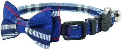 Cat Collar Breakaway with Bell and Bow Tie, Plaid Design Adjustable Safety Kitty Kitten Collars(6.8-10.8in) (Blue Plaid 1)