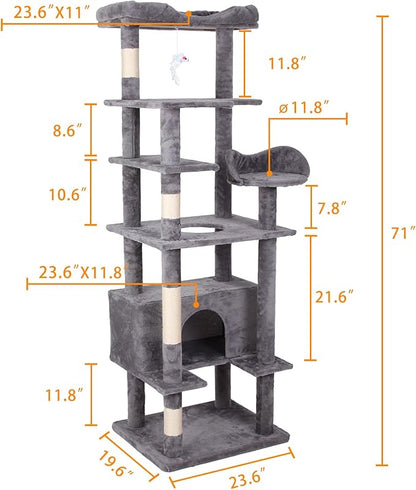 71'' Velvet Cat Climbing Frame, Multi-Level Cats Tree Tower with Scratching Posts, Large Top Padded Perch and Playhouse, Anti-Tipping Devices for Indoor Cats Activity Center (Antique Gray)