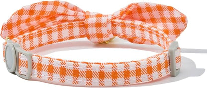 2 Pack Cotton Cat Collar, Removable Bowtie, Floral Pattern, Safety Breakaway Clasp, Adjustable for Cats.(Adult Cat, Orange Plaid and Floral)