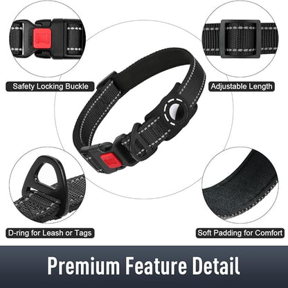 Airtag Dog Collar with AirTag Holder for Medium Dogs, Reflective, Soft Padded & Safety Locking Buckle, Nylon Pet Collars Adjustable for All Breeds, Black,M