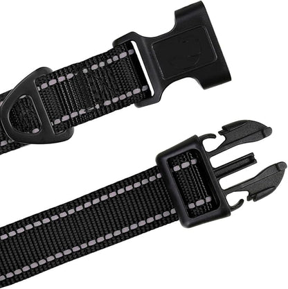 TagME Reflective Nylon Dog Collars, Adjustable Classic Pet Collar with Quick Release Buckle for Large Dogs, Black, 1.0" Width