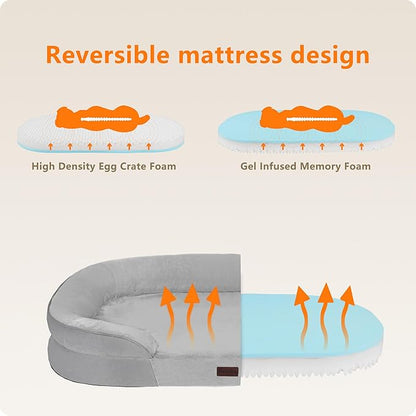 Dwanton Orthopedic Dog Bed for Large Dogs with Gel Memory Foam, Waterproof Dog Sofa, Washable Pet Bed with Four Sided Bolster Cushion, Removable Cover & Non-Slip Bottom, 42", Light Gray