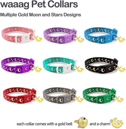 WAAAG Cat Collars, Gold Moons and Stars Cat Collar, Safety Breakaway Cat Collar, Glow in The Dark (Standard 9"-15" Neck, Purple)