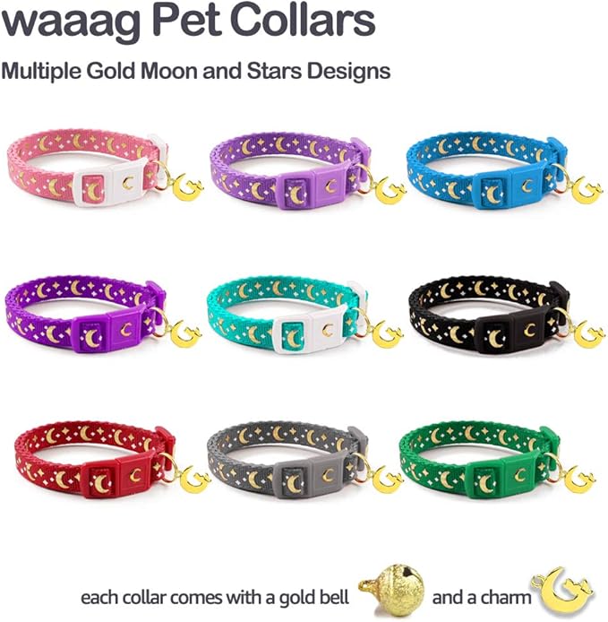 WAAAG Cat Collars, Gold Moons and Stars Cat Collar, Safety Breakaway Cat Collar, Glow in The Dark (Standard 9"-15" Neck, Royal Blue)