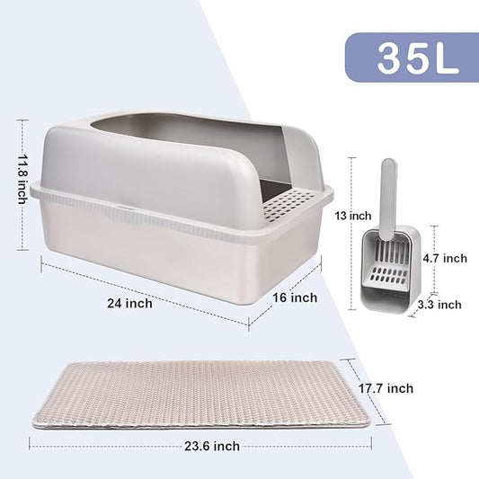 Henkelion 2 Pack Stainless Steel Cat Litter Box with Lid, 24" L x 16" W x 11.8" H, Extra Large Litter Box for Big Cats with High Sided, Anti-Urine Leakage, Easy Cleaning, Include Cat Mat and Scoop