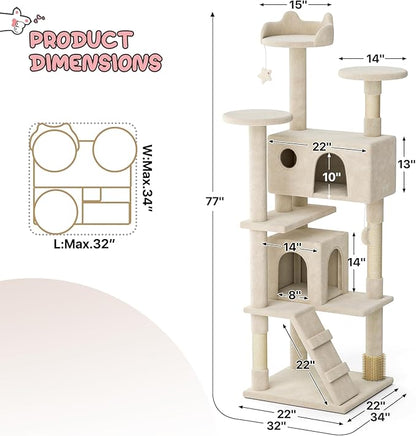 MoNiBloom 77 Inch Cat Tree Tower for Indoor Cats Large Adults, Tall Cat Tower with Scratching Post, Multi-Level Furniture Activity Center with Cat Condo Pet Play House, Beige
