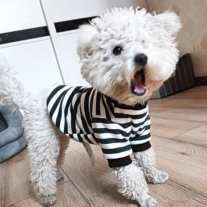 Autumn Dog Hoodies with Leash Ring Warm Striped Puppy Shirt for Small Dog Girl Boy Cat Sweater Winter Pet Clothes Pomeranian Chihuahua Cold Weather Coat (Large, Black)
