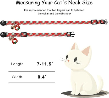 2 Pack Christmas Cat Collars - Breakaway Cat Collar with Bell, Christmas Wreath and Tree Pendant, Winter Adjustable Kitten Collars for Girl Boy Cats, Pink&Plaid