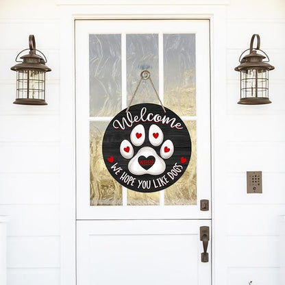 Deroro Welcome We Hope You Like Dogs Front Door Sign, Dog Cat Paw Print Black Farm Wood Door Hanger Outdoor Porch Decor, Woof Farmhouse Wooden Wreath Indoor Wall Hanging Decoration Dog Lover Gifts