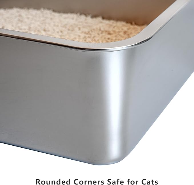XXL Stainless Steel Cat Litter Box, Includes Catnip Fish Toy & Wand Feather Toy Refill, Extra-Large Metal Litter Pan for Big Cats & Multi-Cat Homes, Pet Toilet Supplies for Kitten