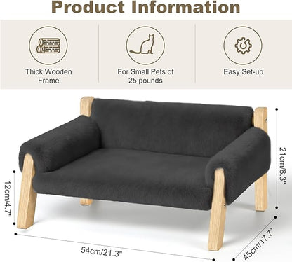 Elevated Cat Couch Bed for Indoor Cats - Wooden Pet Sofa with Removable Washable Thick Cover Raised Kitty Lounge Chair Suitable for Puppy or Small Animals(Cat Sofa Grey)