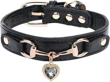 THAIN Fashion Dog Collar with Bling Diamonds & Heart Charm – 5 Holes Adjustable PU Leather Rhinestones Necklace Collar, Gold Buckle for Medium Dogs Girl boy (Black, M)