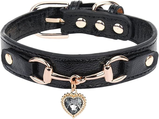THAIN Fashion Dog Collar with Bling Diamonds & Heart Charm – 5 Holes Adjustable PU Leather Rhinestones Necklace Collar, Gold Buckle for Small Medium Dogs Girl boy (Black, S)