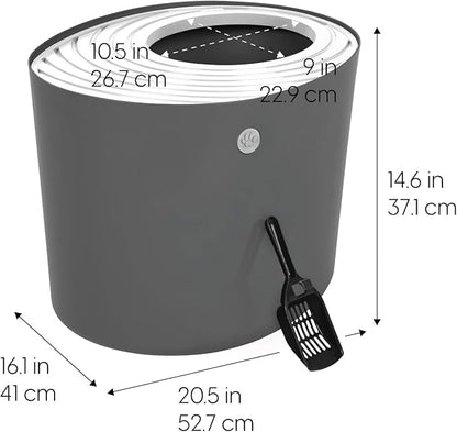 IRIS USA Cat Litter Box, Large Top Entry with Litter Catching Lid and Scoop, Dog Proof, Cat Box Enclosure, Dark Gray/White