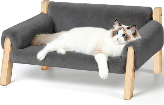 Elevated Cat Couch Bed for Indoor Cats - Wooden Pet Sofa with Removable Washable Thick Cover Raised Kitty Lounge Chair Suitable for Puppy or Small Animals(Cat Sofa Light Grey)