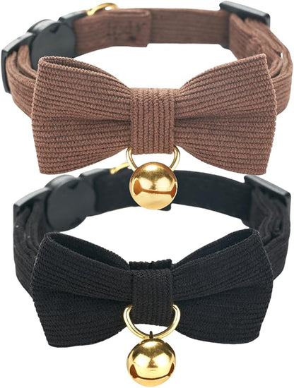 Soft Corduroy Cat Collar, Plaid Pattern, with Bell and Bowtie, Quick Release,Safety Breakaway Clasp, Adjustable for Kitten and Cats.(Black+Brown)