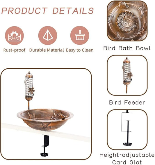 DREAMSOUL Deck Bird Bath with Feeder, 13" Bird Bath for Outside with Adjustable Sturdy Steel Clamp, Metal Birdbath Bowl for Railing Balcony Patio Decor